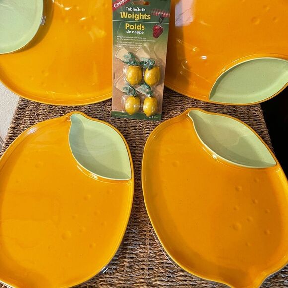 Bamboo Melamine Lemon Plate Green Leaf Side Dish & Lemon Weighted Tablecloth set - Picture 2 of 13